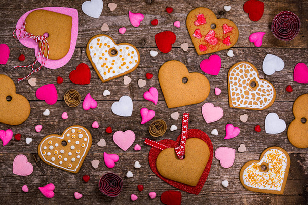 Valentines Day Background. Valentines Day Heart Shaped Cookies on Wooden Background. Selective focus. - Photo, Image