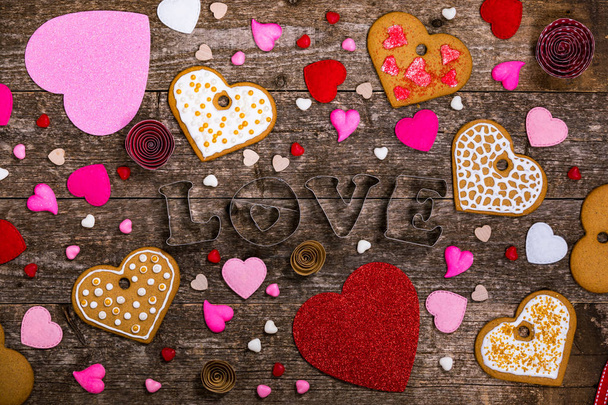 Love Valentines Day Background. Valentines Day Heart Shaped Cookies on Wooden Background. Selective focus. - Photo, Image