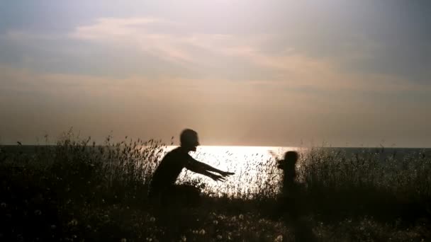 Silhouette Mann und kleiner Junge rennen aufeinander zu. Papa wirft den Jungen hoch und umarmt ihn. Konzept Familienzusammenführung Vater-Sohn-Beziehung - Filmmaterial, Video