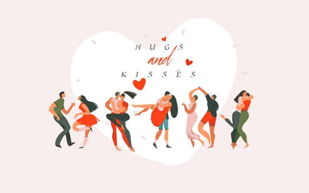 Dibujado a mano vector abstracto de dibujos animados gráfico moderno Feliz día de San Valentín concepto ilustraciones tarjeta de arte con parejas de baile personas juntas aisladas sobre fondo de color
 - Vector, Imagen