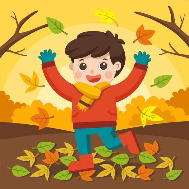 Счастливый мальчик смеется и играет осенью на природе гуляет под открытым небом
. - Вектор,изображение