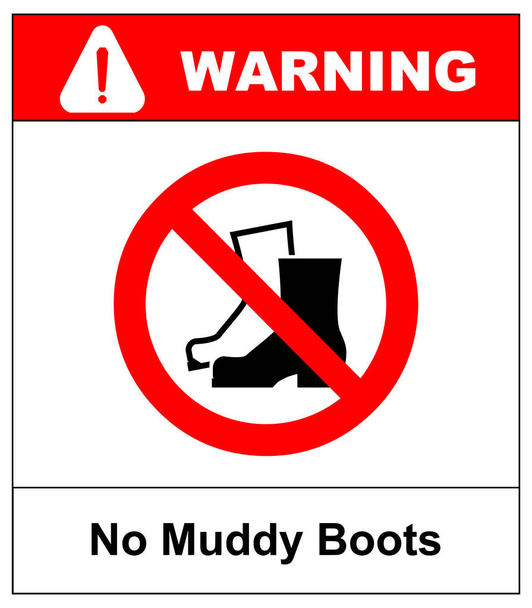 No Muddy Boots Symbol. Rain boots prohibition sign. Red warning prohibition icon.  illustration isolated on white. Black simple pictogram. Take off your shoes - Photo, Image