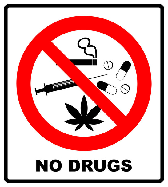 薬物は禁止されています。カプセル、マリファナ、大麻、タバコ、コカイン、その他の薬物はありません。赤い禁止記号。白で隔離された禁止イラスト - 写真・画像