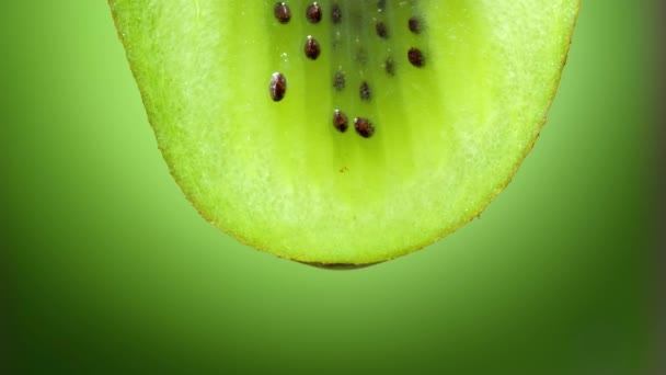 Close-up of macro van een segment voor kiwi, een druppel water valt in slow motion. - Video