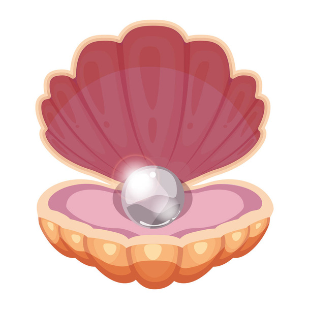 Beautiful ocean shell with a brilliant pearl. Jewelry. Cartoon style. Vector, illustration, template, isolated, white background. - Vector, Image