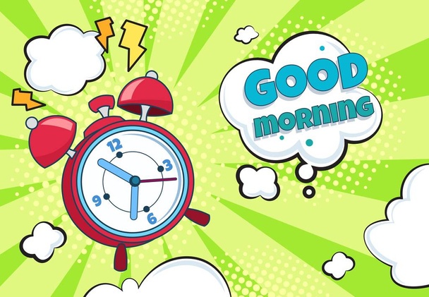 Pop art alarm clock. Cartoon retro time background wake up countdown surprise watch funny timer. Halftone cartoon comics clock - Vector, Image