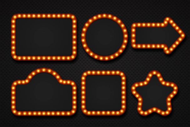 Рамка лампочки. Макияж зеркало шатра цирка вывески кинотеатр казино билборд единовременная граница. 3D световые рамки
 - Вектор,изображение