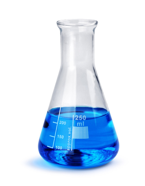 Becher in vetro Labotatory con campione liquido blu
 - Foto, immagini