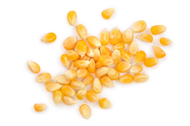 Las semillas de maíz aisladas sobre fondo blanco. Vista superior. Puesta plana
 - Foto, imagen