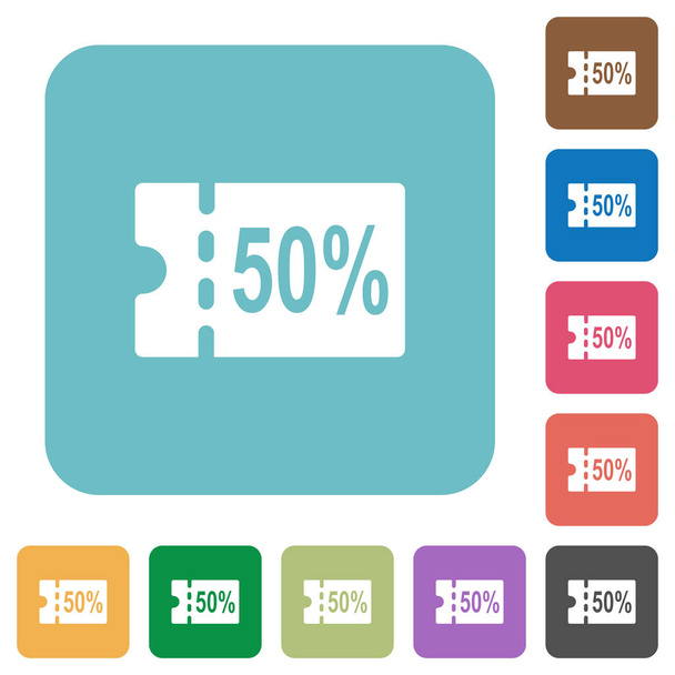 50 percent discount coupon white flat icons on color rounded square backgrounds - Vector, Image