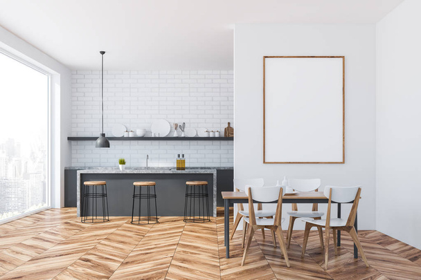 Interior of kitchen with white brick walls, wooden floor, panoramic window, gray and marble countertops and bar with stools. Wooden table with chairs and poster. 3d rendering mock up - Zdjęcie, obraz