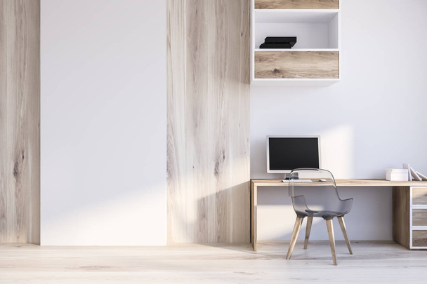 Interior of home office with white and wooden walls, wooden floor, wooden table with computer on it and shelves above it. 3d rendering mock up - Foto, Bild