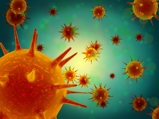 Virus microbes pathogènes et bactéries au microscope 3d illustration. Cellules grippales et maladies infectieuses
. - Photo, image