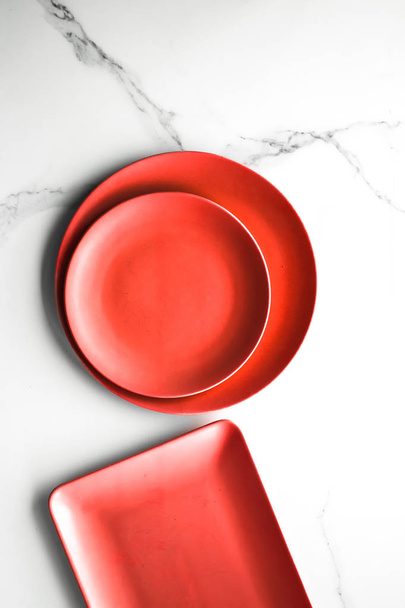 empty red plate on marble - recipe and restaurant mockup flatlay styled concept - Photo, Image