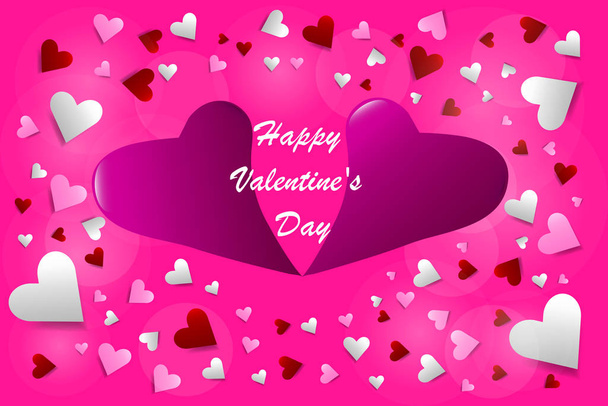 Firma Feliz Día de San Valentín vector con dos doblado corazones de color rosa y un montón de corazones alrededor. Todo está en un fondo rosa de moda
. - Vector, imagen