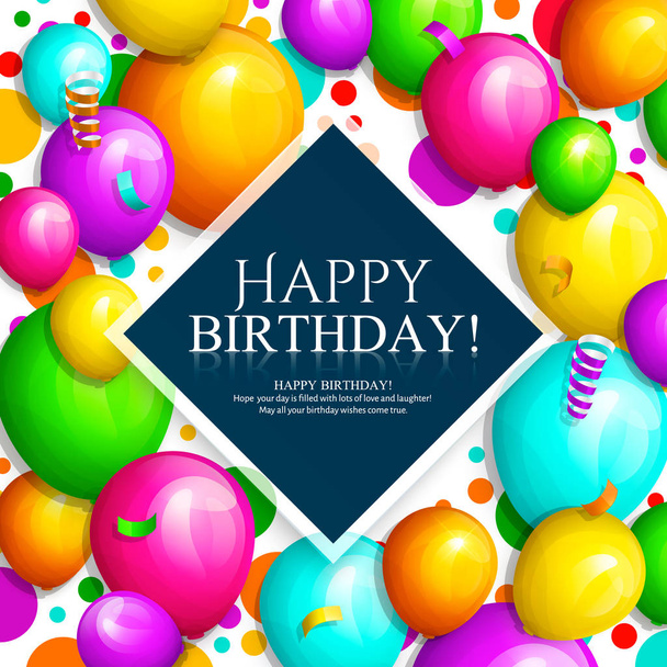 Happy Birthday greeting card. Bunch of colorful balloons and confetti. Stylish lettering on background. Vector. - Vector, Image