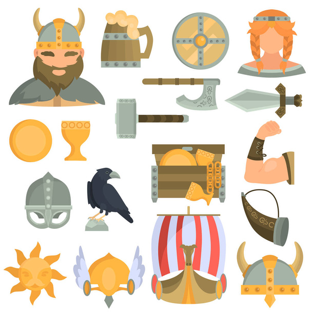 Web ve mobil tasarım için Viking kültürü renk düz simgeler - Vektör, Görsel