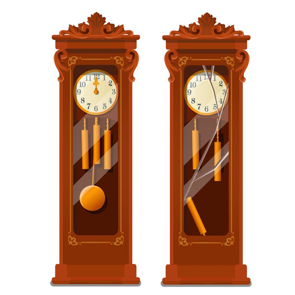 Antique wooden grandfather clock with broken glass isolated on white background. Vector cartoon close-up illustration. - Вектор,изображение