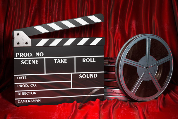 Concepto de cine. Clapperboard con y carretes de película en la tela roja, representación 3D
 - Foto, Imagen