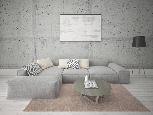 Vysmívat se prostorný obývací pokoj s velkou rohovou pohovku a stylové hipster pozadí. - Fotografie, Obrázek