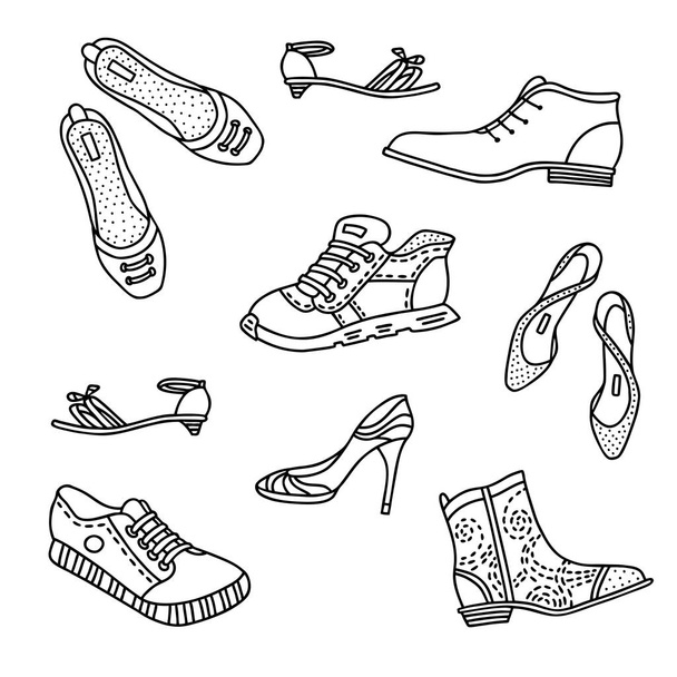 Collection of hand-drawn boots for men and women. Vector doodle illustration can be used for design poster, discount cards, decorate a shoe store - Vector, Image