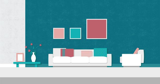 Acogedora sala de estar moderna con sofá y silla blanca, cojines de colores, pinturas, mesa con flores y pared de textura gruesa turquesa
 - Vector, imagen