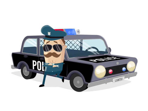 funny policeman leaning on his car - Vector, Image