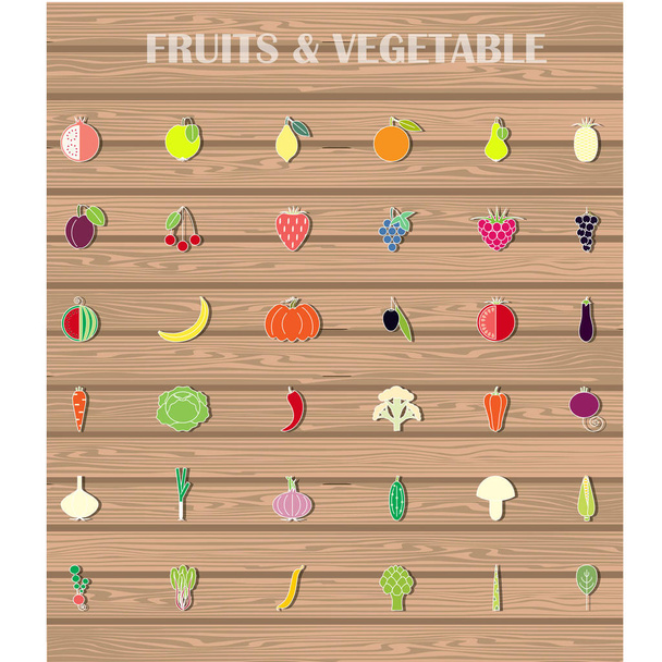 Colorful set fruits and vegetables icons on wood board brown background. Design element flat design stock vector illustration for product design, for restaurant, for packaging design, for menu - Vector, Image