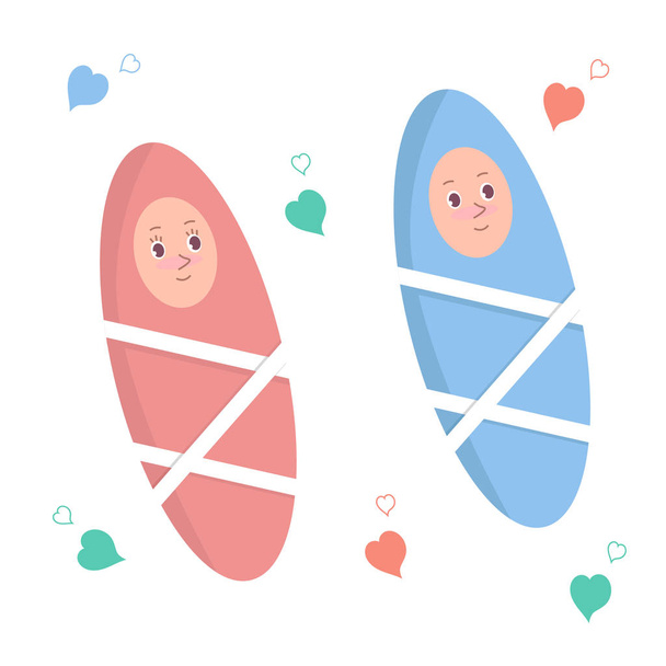 Deux bébés dessins animés mignons, une petite fille et un petit garçon. Illustration vectorielle isolée avec des cœurs sur le fond
. - Vecteur, image