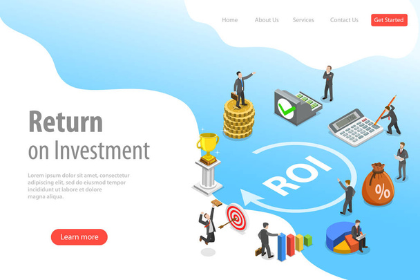 Flat isometric vector landing page template of return on investment, roi. - Vector, Image