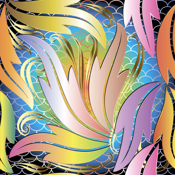Colorful leafy Baroque 3d vector seamless pattern. Elegance ornamental lace background. Repeat waves backdrop. Antique baroque Victorian style floral ornament. Vintage flowers, leaves, curves - Vetor, Imagem