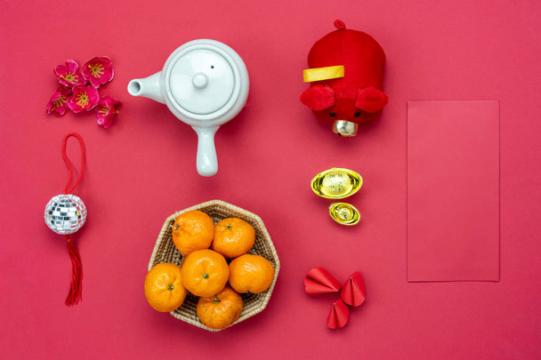 Chinese language mean rich or wealthy and happy.Table top view Lunar New Year & Chinese New Year.Flat lay orange and pig doll toy kid with cherry blossom and cookie fortune decor on modern red paper. - Photo, Image