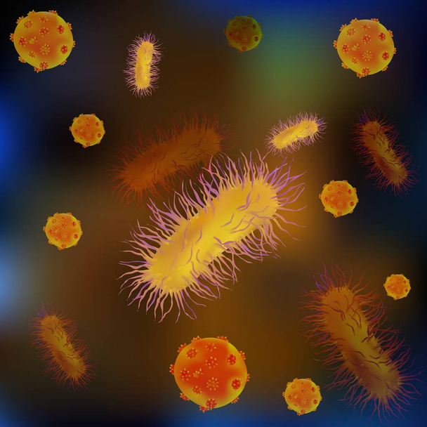 Conjunto de virus y bacterias bajo el microscopio. Agente infeccioso celular no iniciado. El concepto de infección y patógeno de la enfermedad celular
 - Vector, imagen