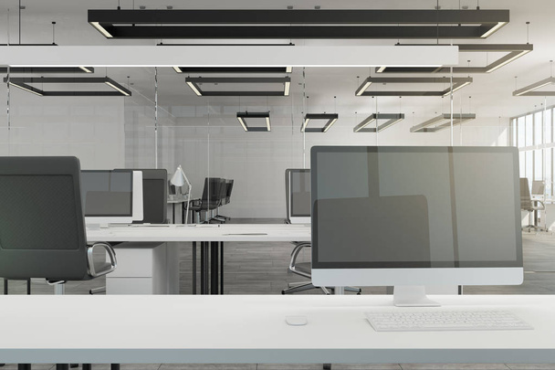 Clean computer screen in modern office interior. Mock up, 3D Rendering  - Photo, Image