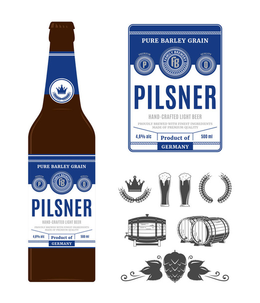 Étiquette de bière sur la bouteille. Label Pilsner. Marque de brasserie et icônes d'identité et éléments de design
. - Vecteur, image