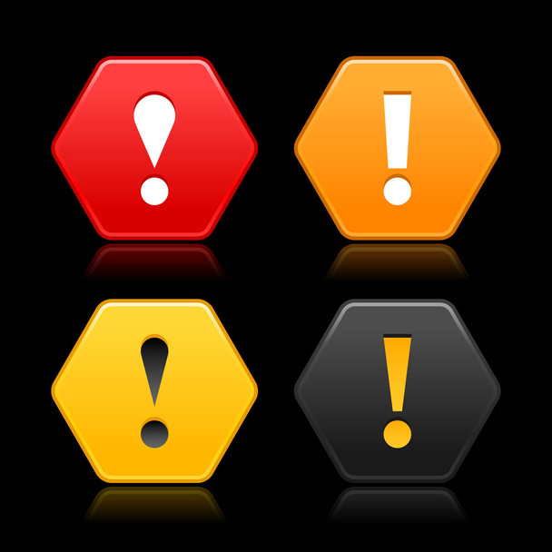 Warning attention icon web 2.0 button. Colored hexagon shape with color reflection on black background - Vector, Image