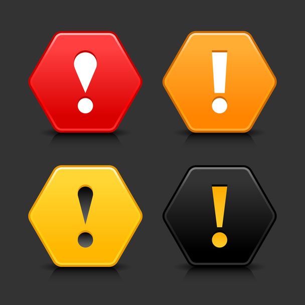 Внимание иконка веб 2.0 кнопки. Цветной шестиугольник с черной тенью и отражением на сером фоне
 - Вектор,изображение