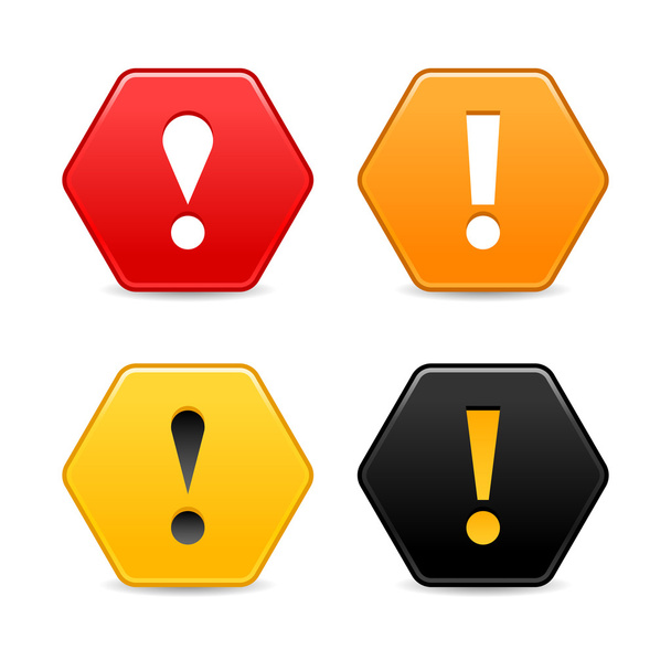 Warnsymbol mit Ausrufezeichen. farbige Sechseck-Form Web 2.0-Taste mit Schatten auf weiß - Vektor, Bild