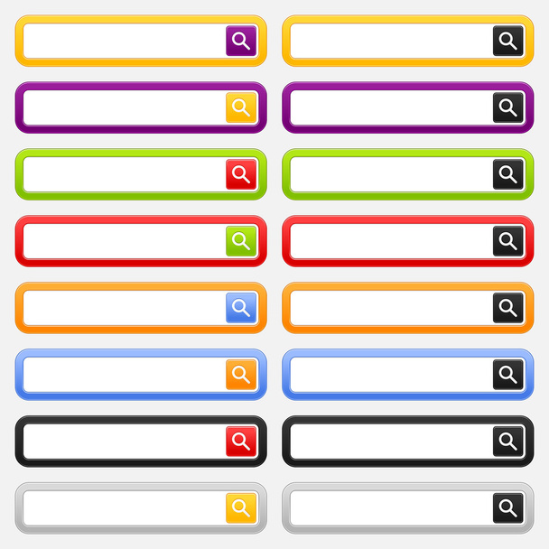 Modulo di ricerca Internet e pulsante con il segno loupe. Forme rettangolari arrotondate colorate su grigio
 - Vettoriali, immagini