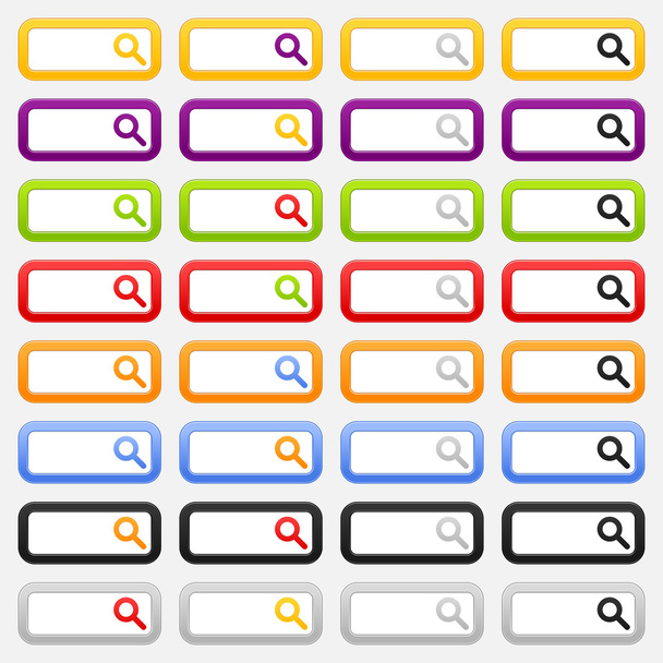 Web-Suchvorlage und Vergrößerungszeichen. Variationen farbig abgerundetes Rechteck auf grauem Hintergrund - Vektor, Bild