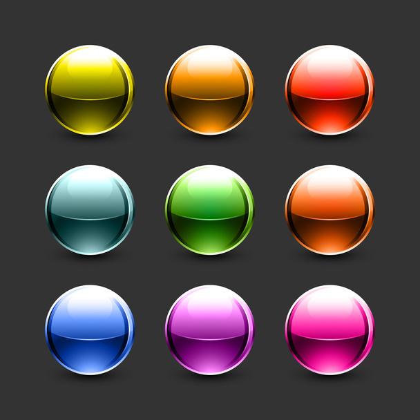 Glowing colorful metallic balls with drop black shadow on gray background - Vector, Image
