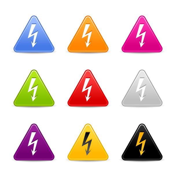 Icona web 2.0 satinata con segno di fulmine. Bottoni a triangolo colorati con ombra su sfondo bianco
 - Vettoriali, immagini