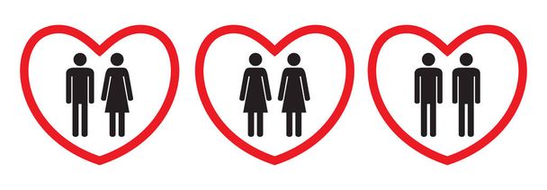 Iconos de amor homosexuales y heterosexuales. Estilo plano. Figuras humanas blancas y negras en corazones rojos. Ilustración vectorial
. - Vector, Imagen
