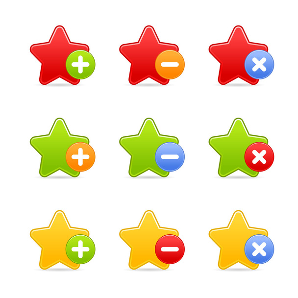 farbige Sterne Lieblings-Web-2.0-Taste mit Schatten auf weißem Hintergrund. - Vektor, Bild