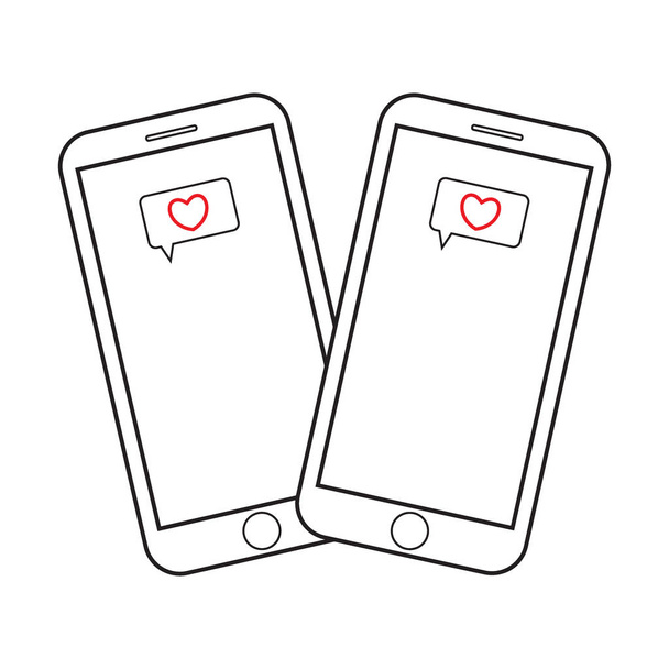 Két szív üzenetek a képernyőn okostelefonok. Szív ikonok. Szerelmes üzenetek. Mobil eszközök. Fekete-fehér vektoros illusztráció. - Vektor, kép
