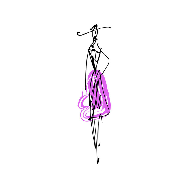 Frau mit Hut. Mode-Modell handgezeichnete Skizze, stilisierte Tusche Silhouette isoliert auf weißem Hintergrund. Vektorillustration - Vektor, Bild