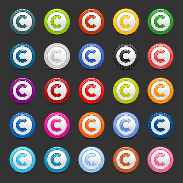 25 colored copyright icon web 2.0 button. Smooth satined round shapes with shadow on gray background - Vektor, kép