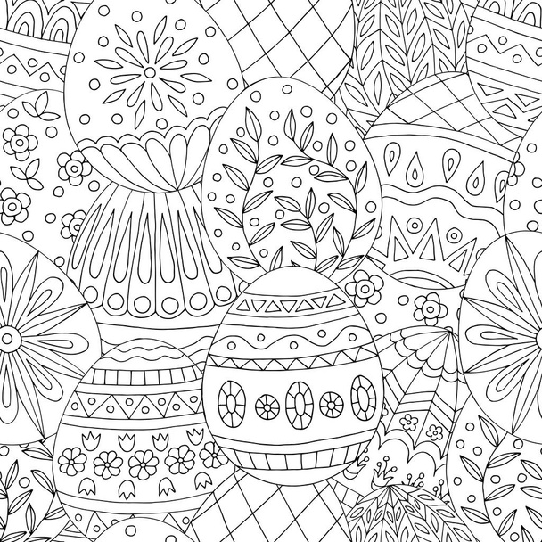 Abstract seamless pattern with hand drawn easter eggs doodles, for coloring book pages - Vetor, Imagem