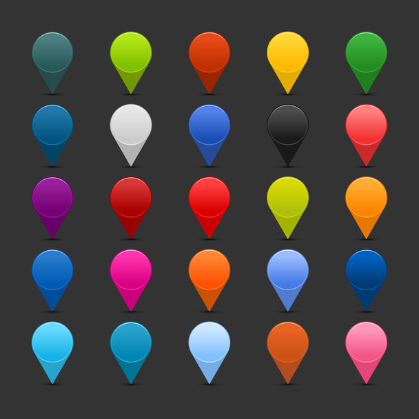 25 χαρτογράφηση καρφίτσες εικονίδιο web 2.0 κουμπιά. χρωματιστά σατινέ στρογγυλά σχήματα με σκιά στο γκρι - Διάνυσμα, εικόνα