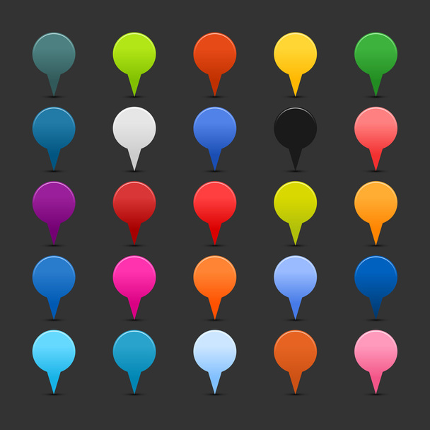 25 mapping pins icon web 2.0 buttons. Colored satined round shapes with shadow on gray - Vektor, kép